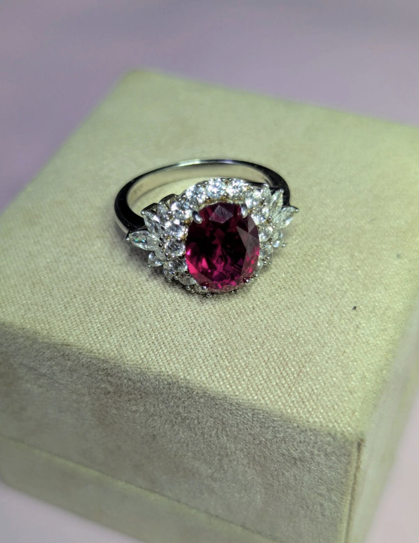 Antique (Pre-owned) Sterling Silver Lab Created Ruby&White Zirconia Ring Size 9 6.75 CTW