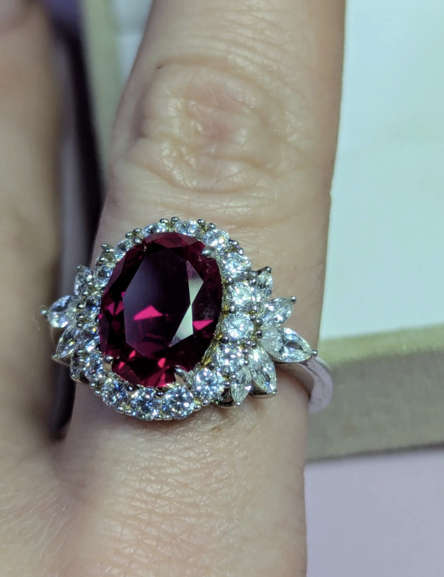Antique (Pre-owned) Sterling Silver Lab Created Ruby&White Zirconia Ring Size 9 6.75 CTW