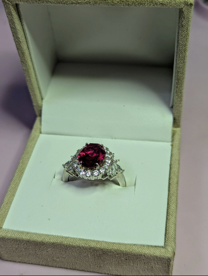 Antique (Pre-owned) Sterling Silver Lab Created Ruby&White Zirconia Ring Size 9 6.75 CTW
