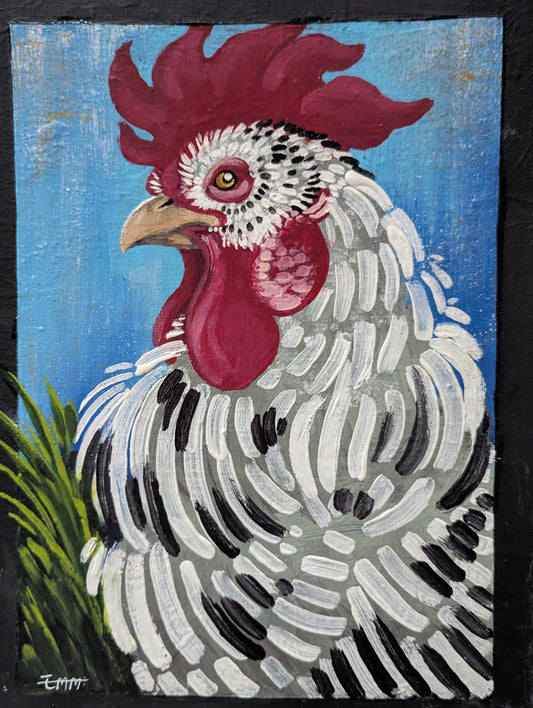 White and black Leghorn 8x10 canvas painting (unframed)