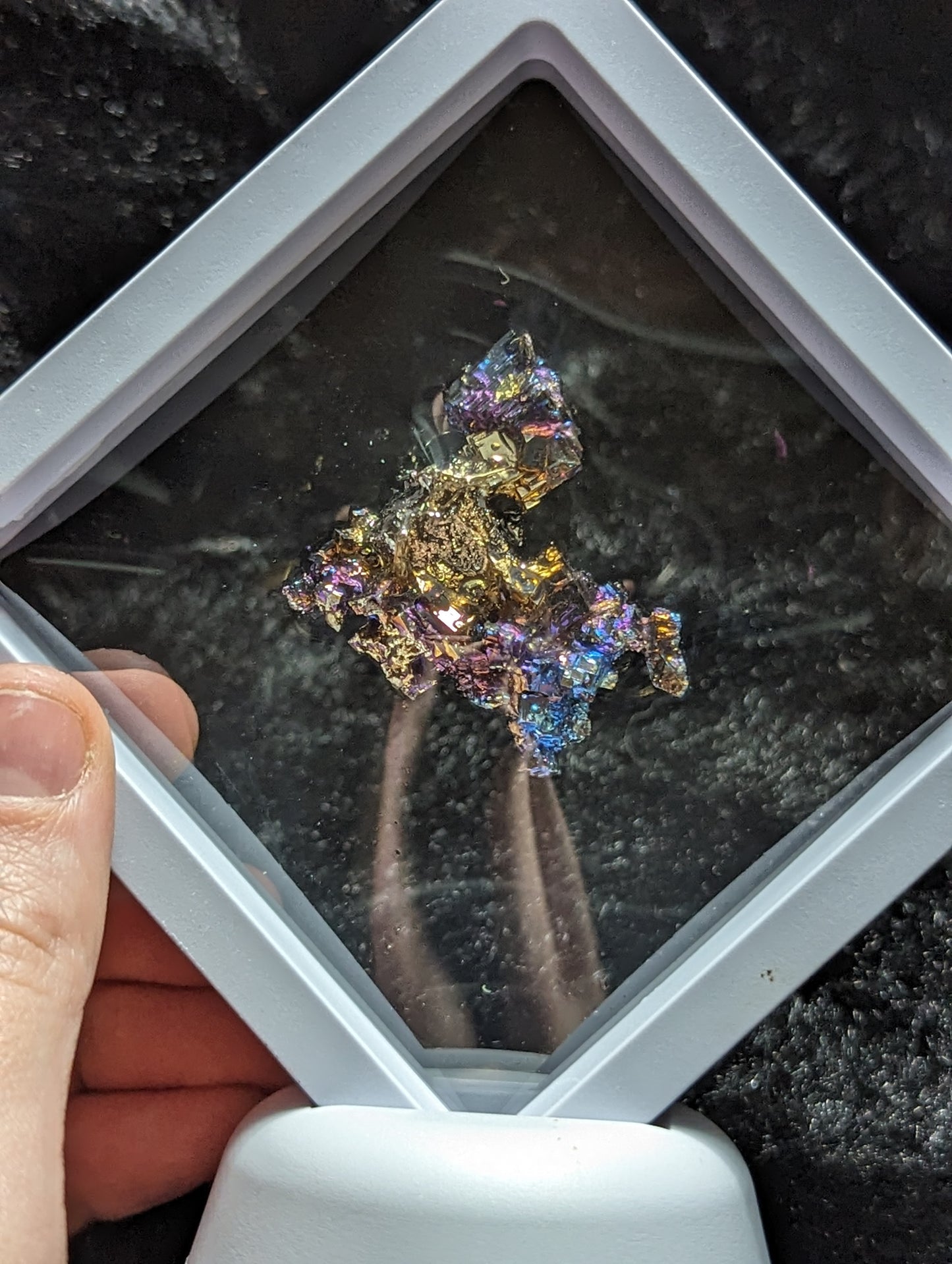 Rainbow Bismuth Crystal in Floating Display Case.