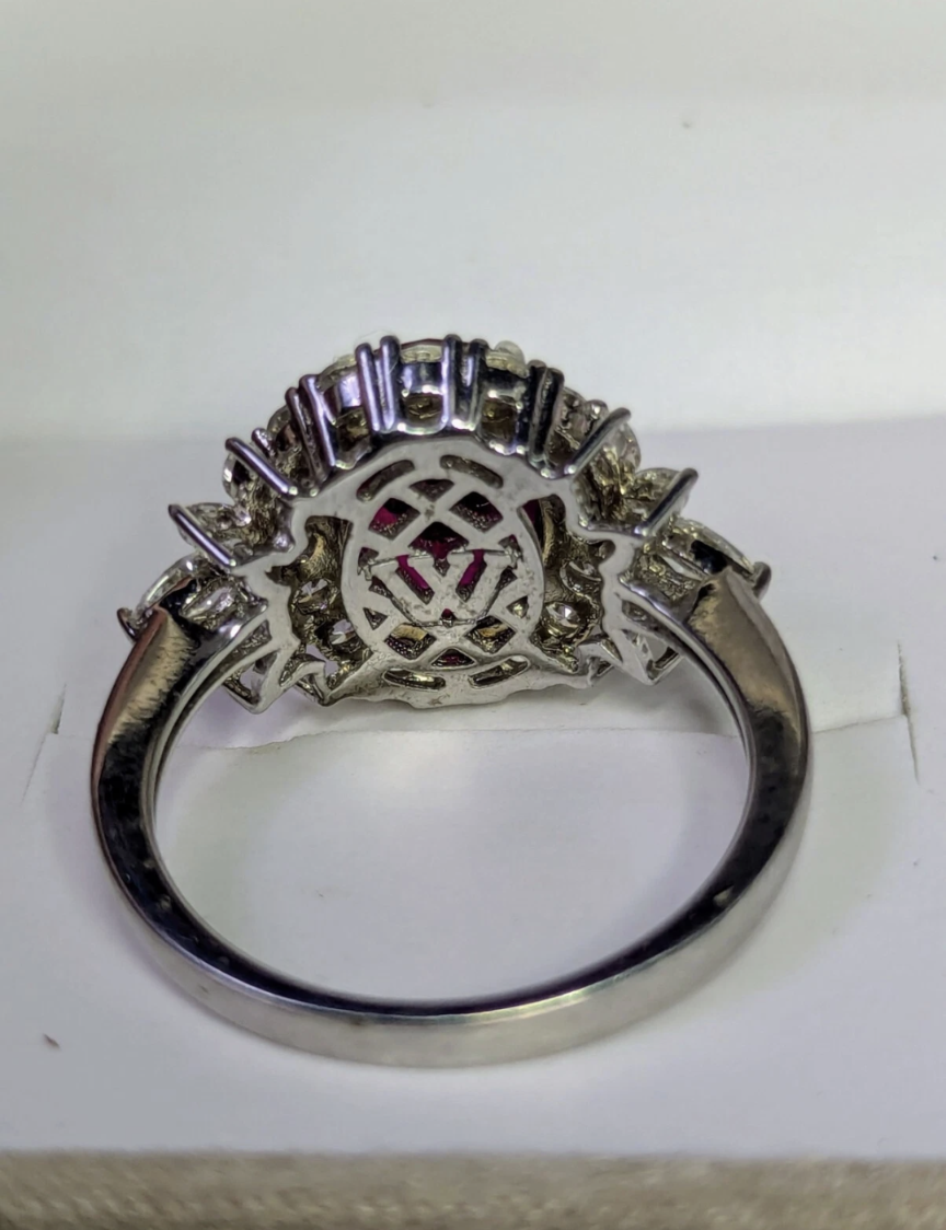Antique (Pre-owned) Sterling Silver Lab Created Ruby&White Zirconia Ring Size 9 6.75 CTW